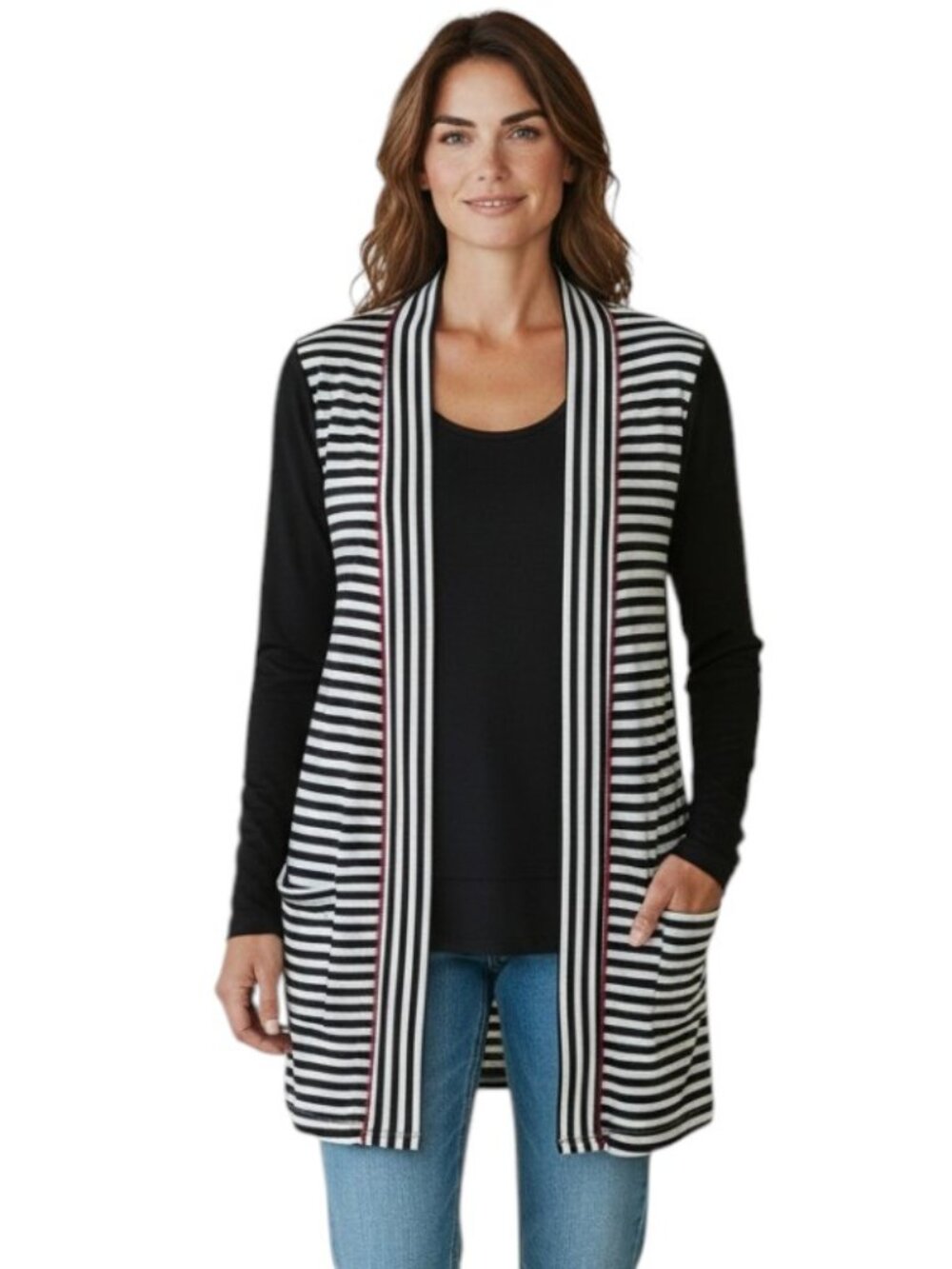 Parsley and Sage Womens 2 Piece Set Top L Open Vest XL Striped Black White Artsy